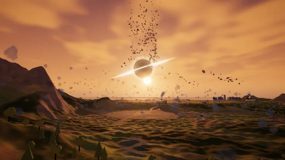 A black hole lifts debris over a sunlit valley
