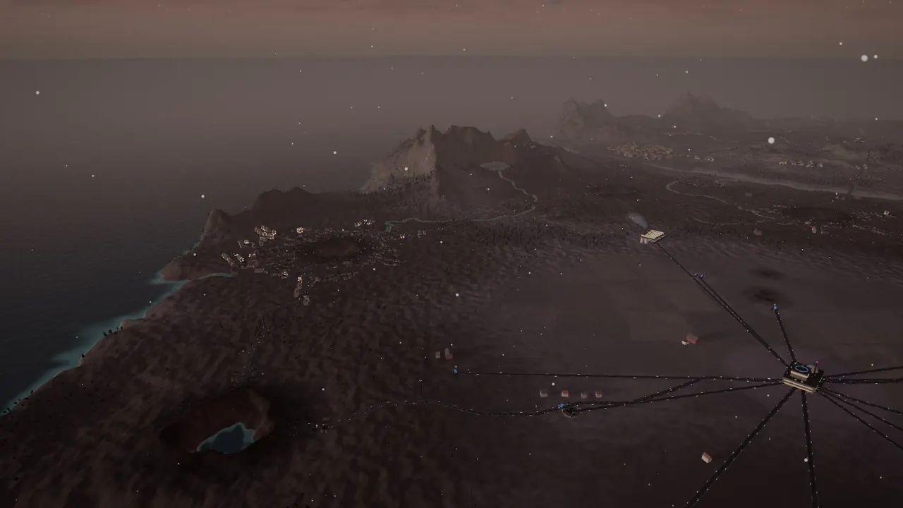 After: the nuclear winter, the land dead and grey, a crater turned into a lake.