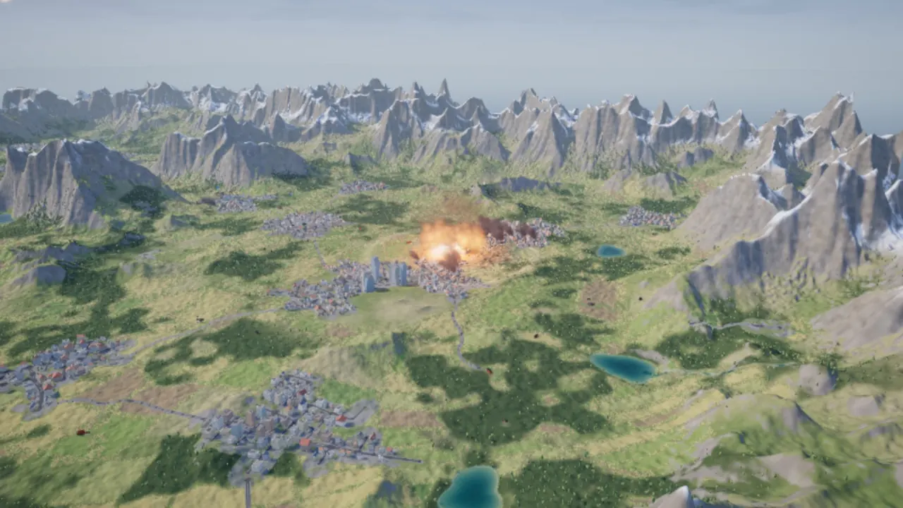 A heavy strike on a town between the mountains.