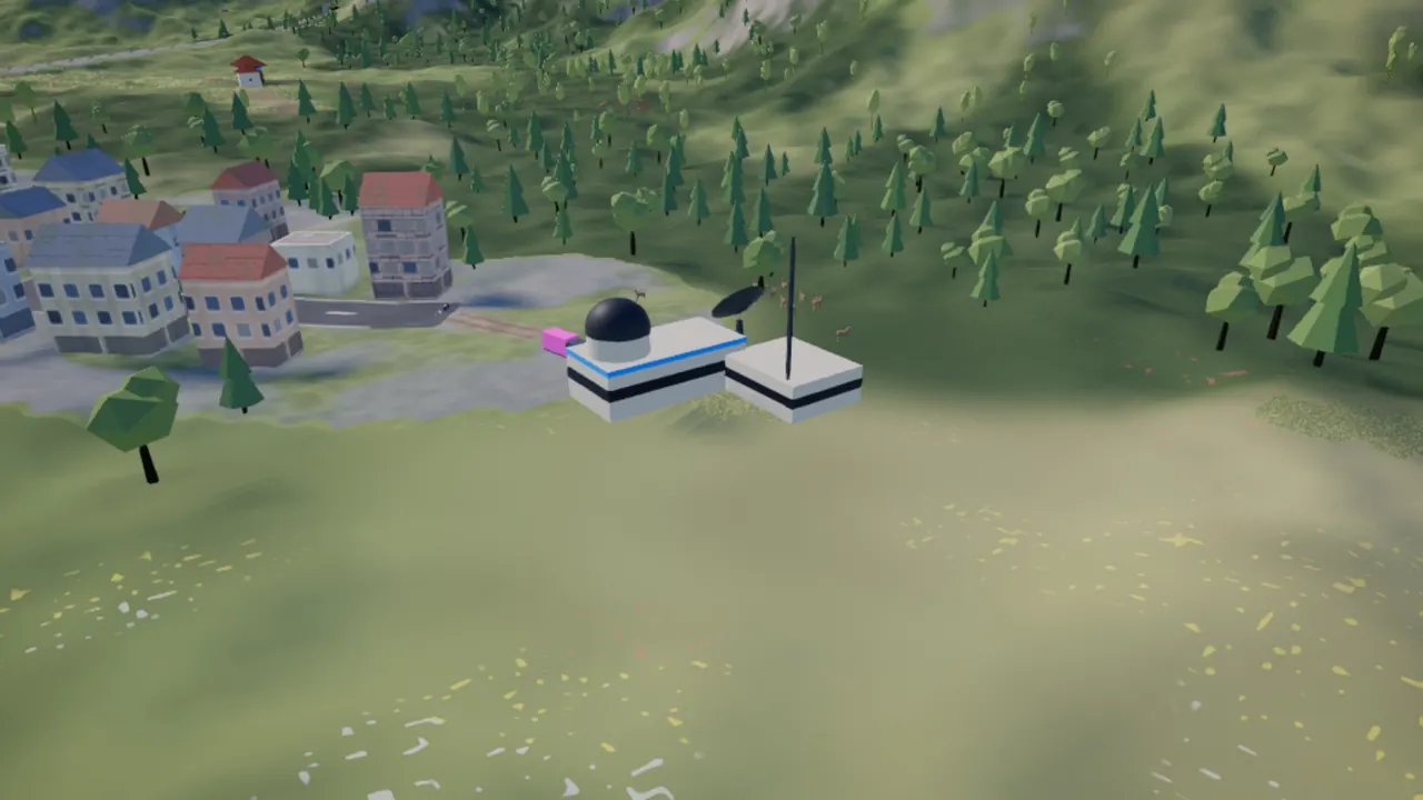 A research centre: its observatory dome, its dish and its mast.