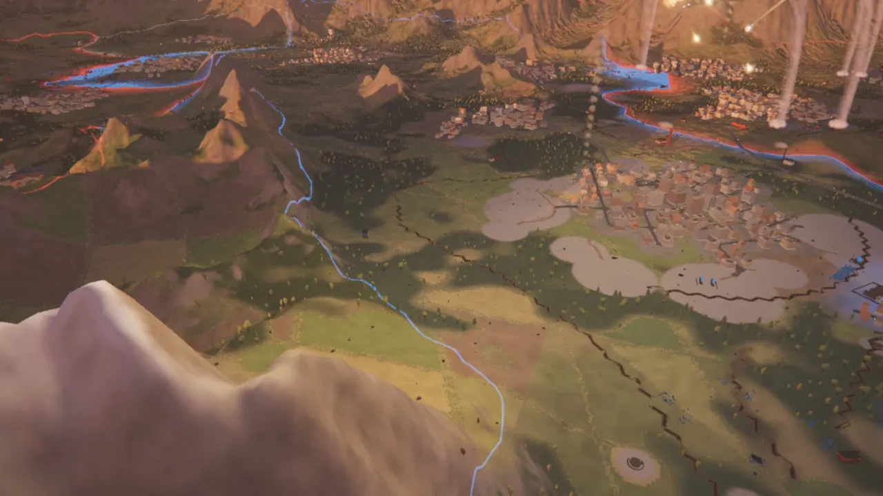 Trench lines dug in front of a town while missiles fly overhead.