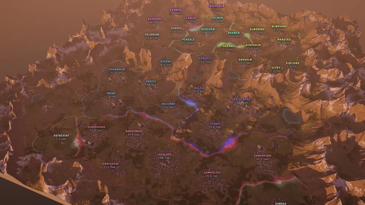 Six nations at dusk, year 95: each its colour and its towns named in its own tongue, a front glowing between two of them.