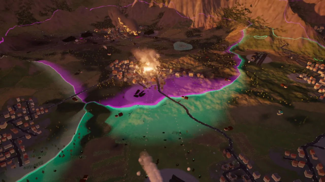 A front that moves: the ground held by the troops glows in their colour, a border town burns.