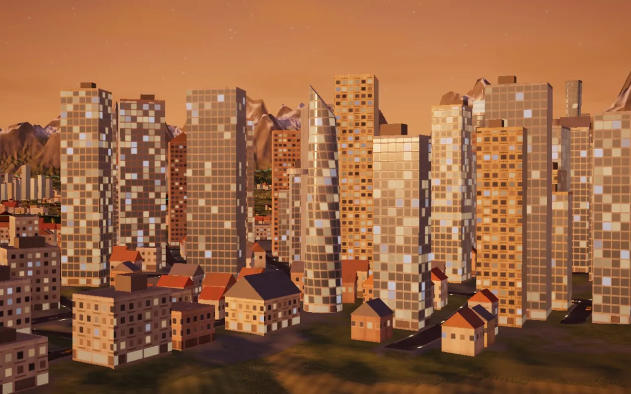 A glass bud cut aslant, and the business district around it.