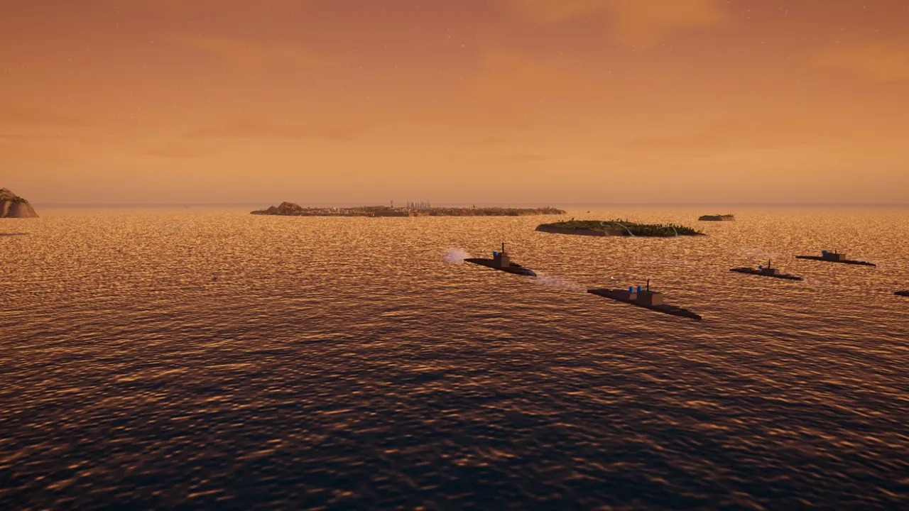 A fleet under way at dusk: a battleship, cruisers, destroyers and a missile ship.