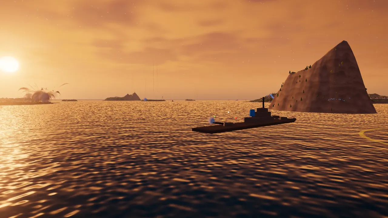 A battleship's broadside; far off, its shells land on an enemy port.
