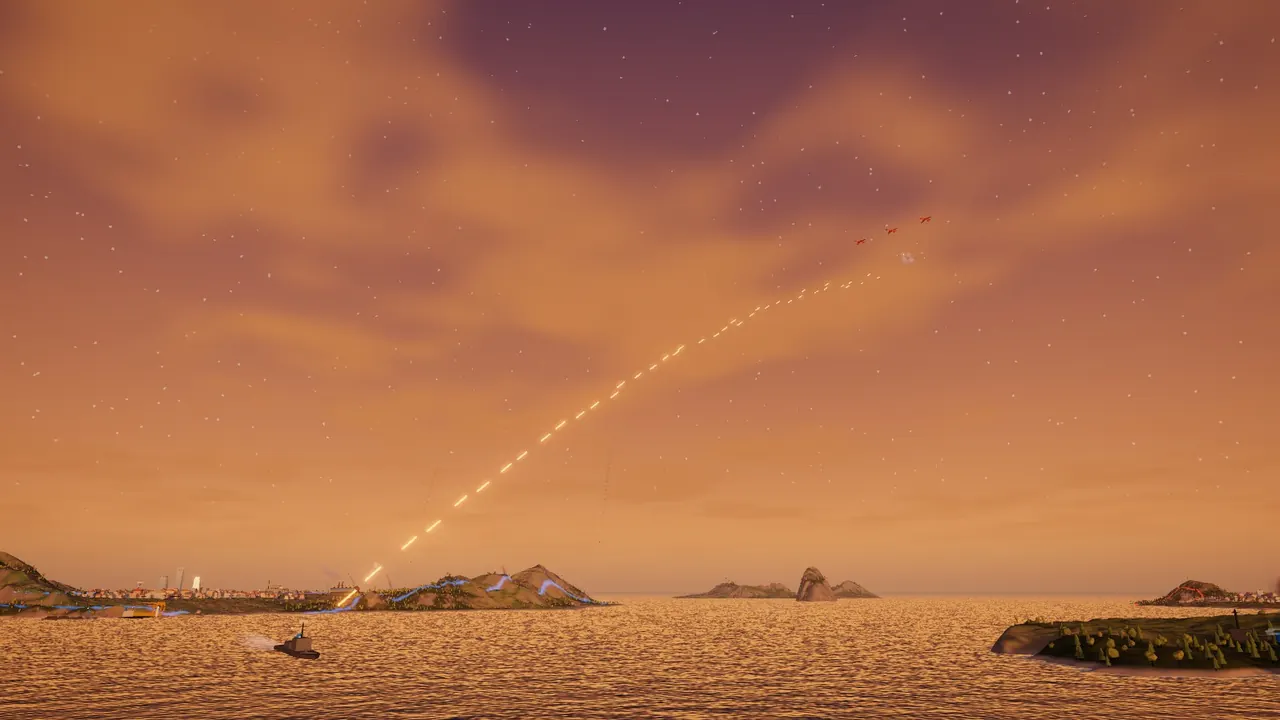 A cruiser's guns on three bombers coming over its port.