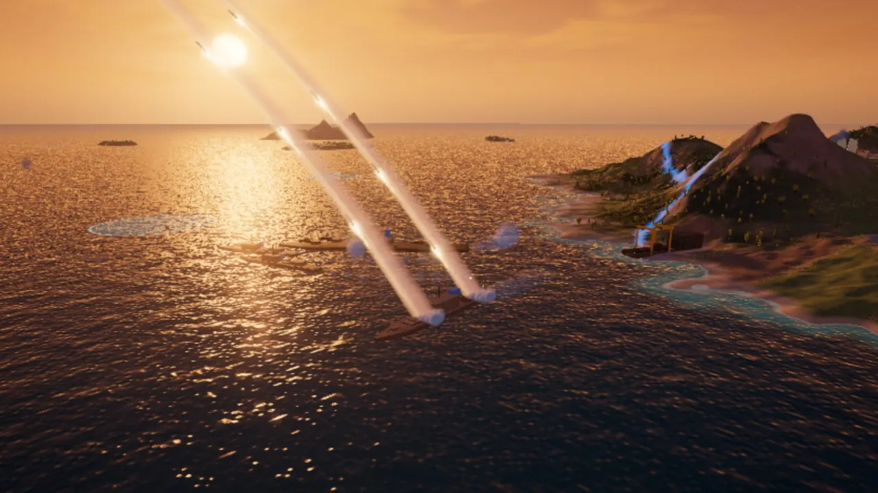 A missile ship fires a salvo from the sea while the batteries ashore reload.
