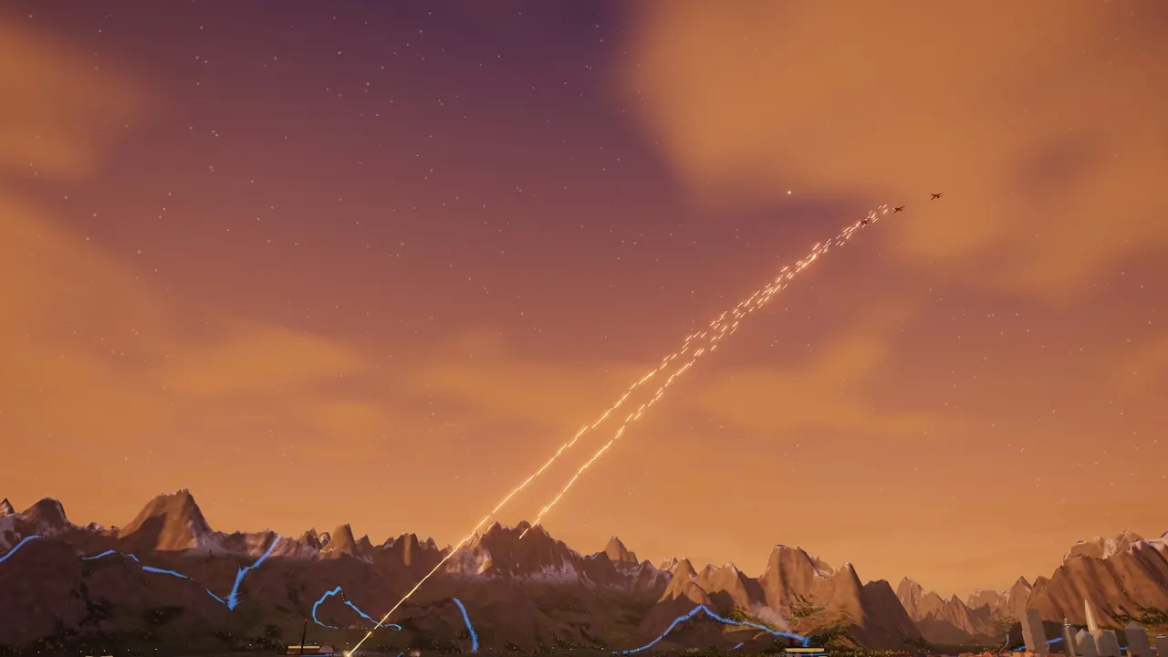 Two gatlings open up on three bombers.
