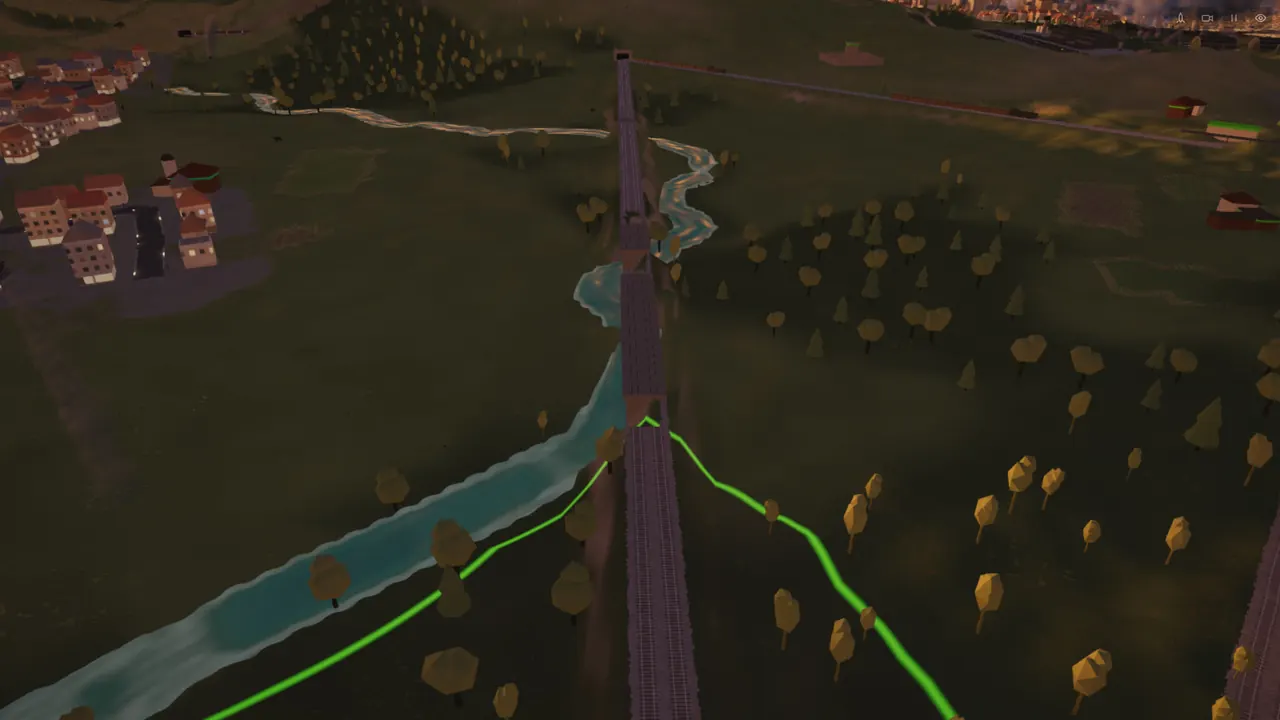 A railway viaduct over a river, the border between two nations in green.