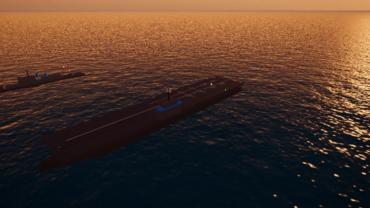 A carrier and its air wing at dusk, a cruiser covering it.