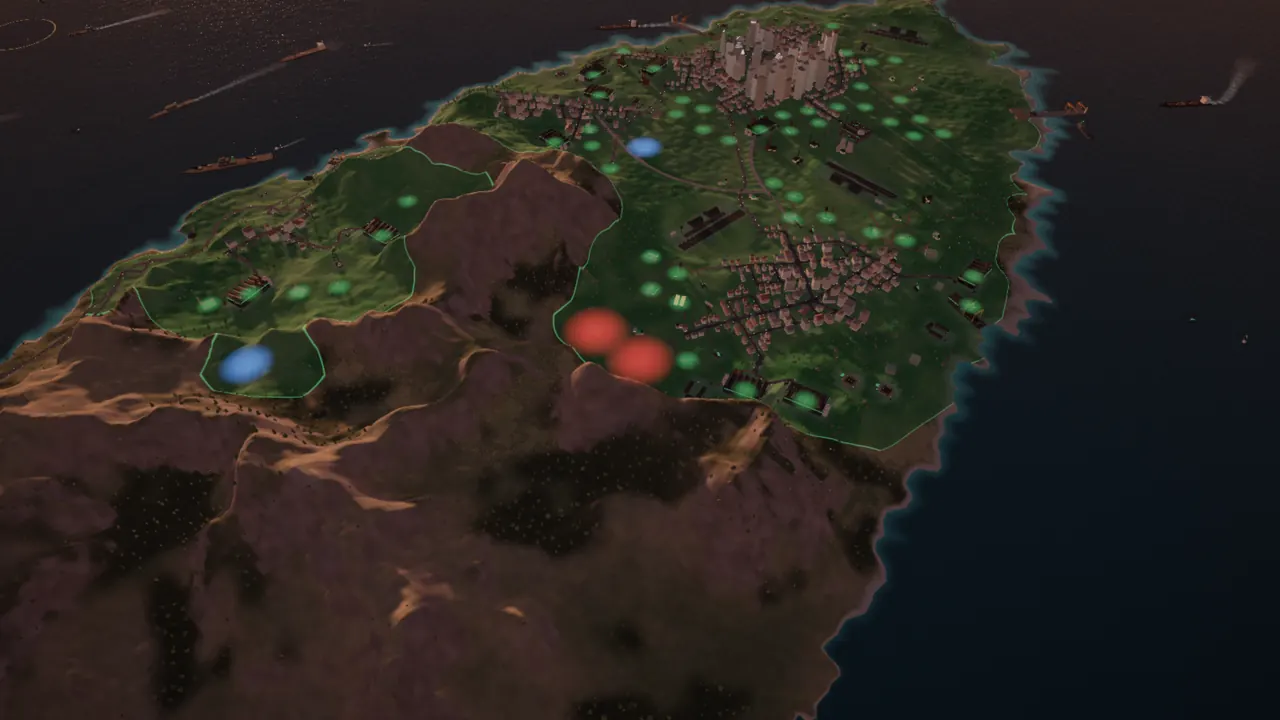 The new Logistics map: two works cut off from the towns stand out in red, the warehouses in blue.