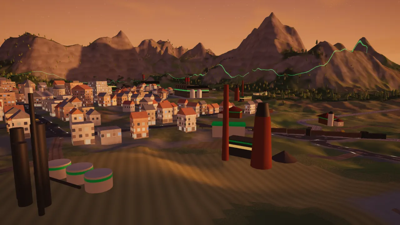 A refinery and a steelworks on the edge of a town, more of the chain beyond.