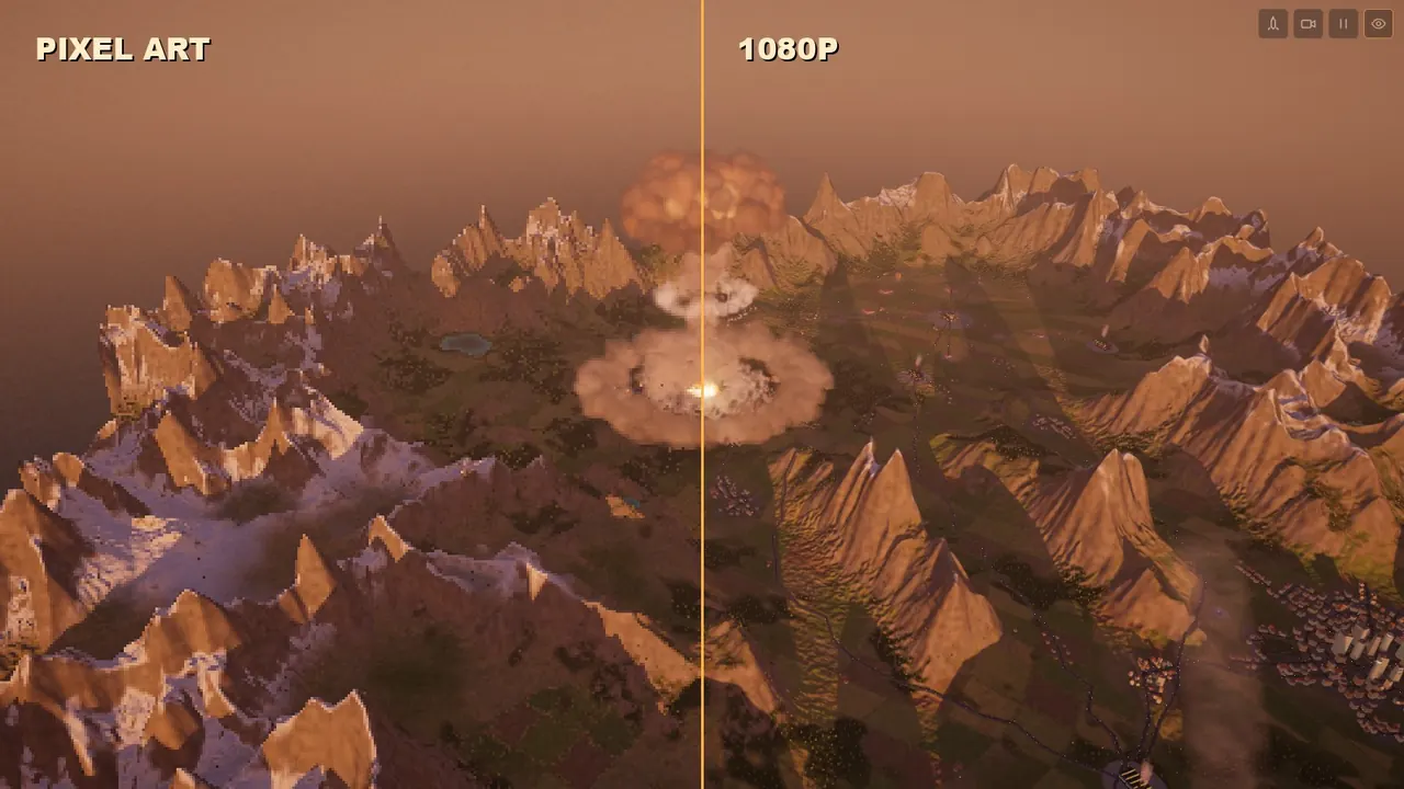 The same strike, frozen: Pixel art on the left, 1080p on the right.
