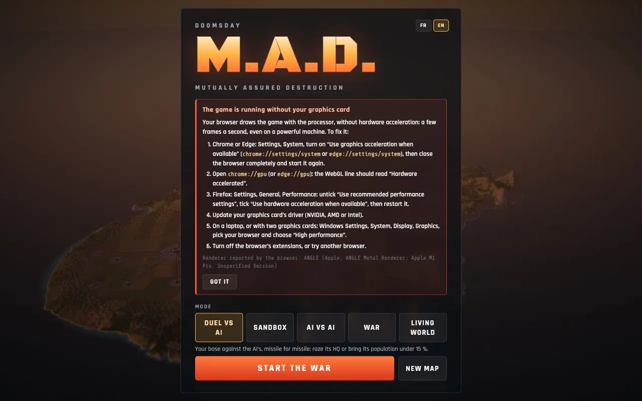 What the game says when the browser leaves the graphics card out.