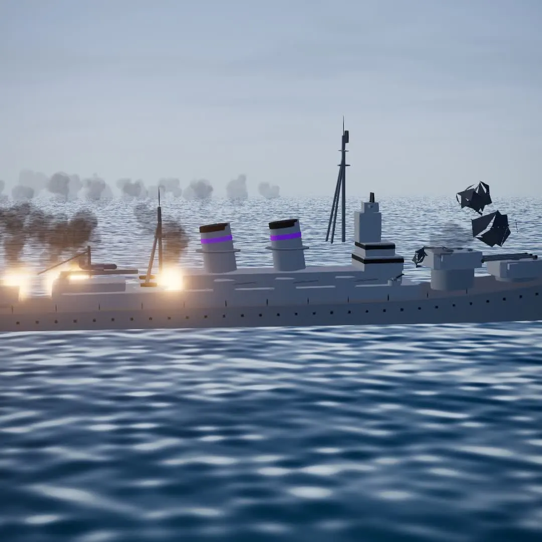 A cruiser burning where she was hit.