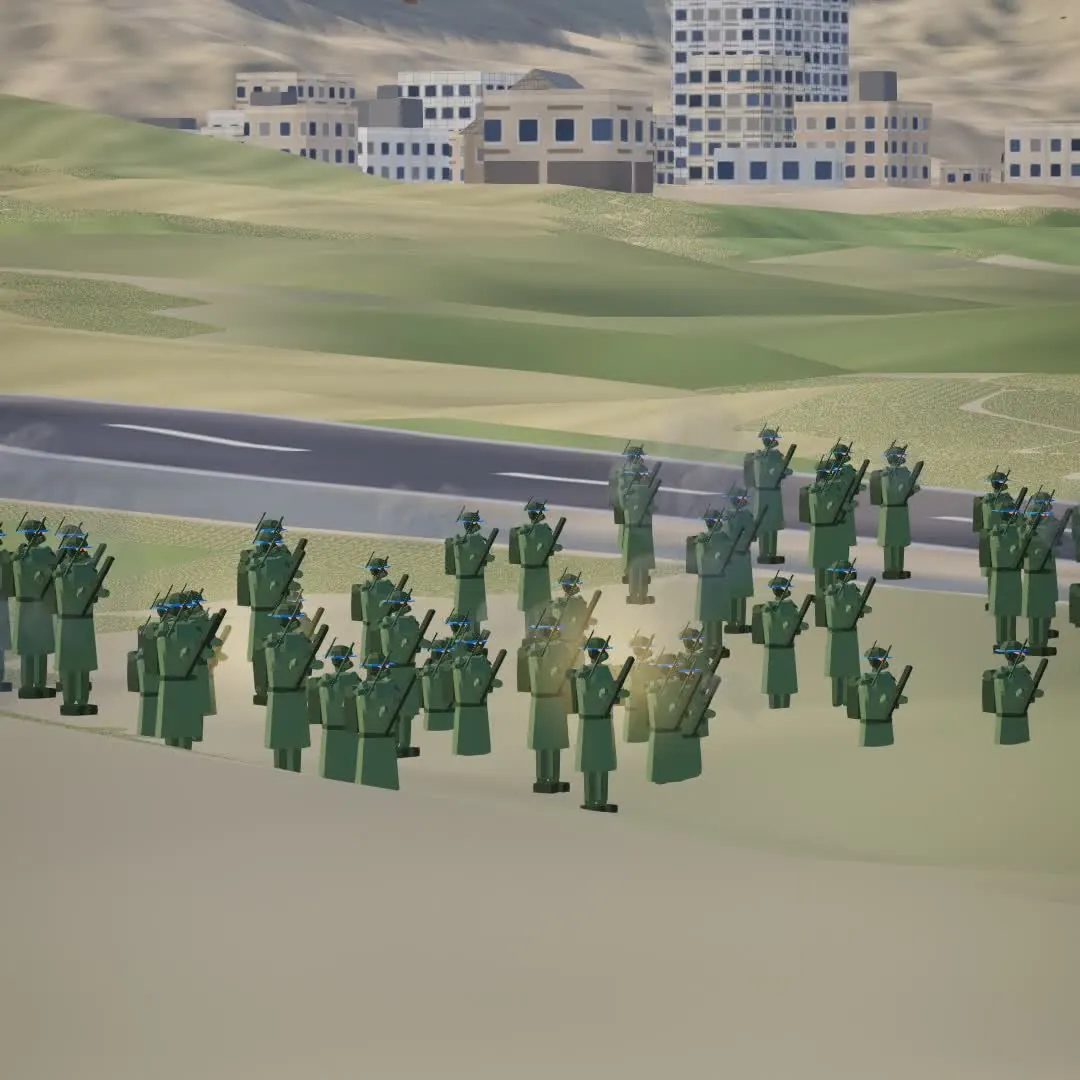 Infantry marching on a town.