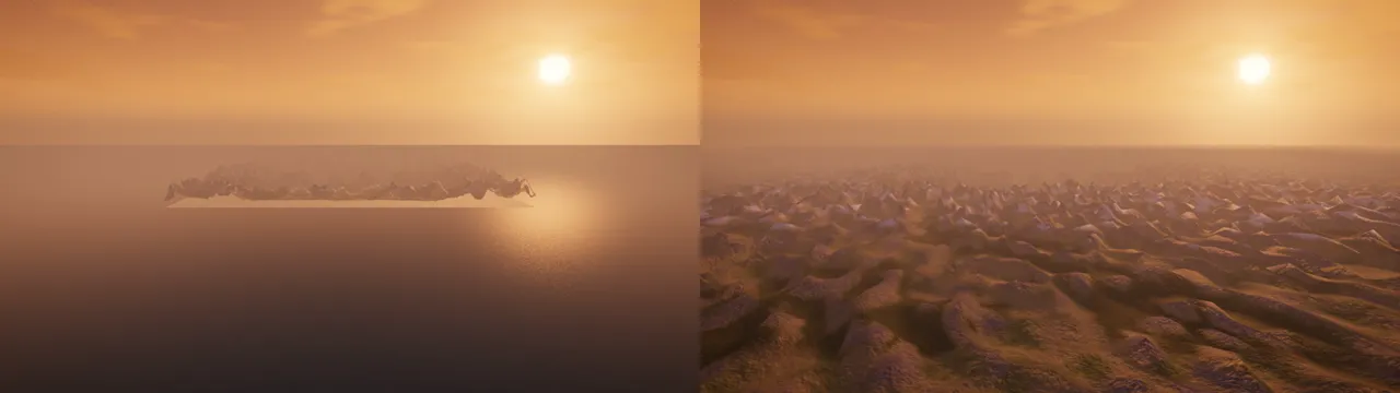 The Valley before (left) and after (right): the land goes on to the horizon.