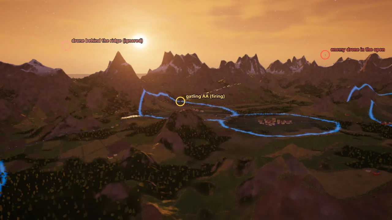 A gun ignores the drone hidden behind the ridge and fires at the one in the open.