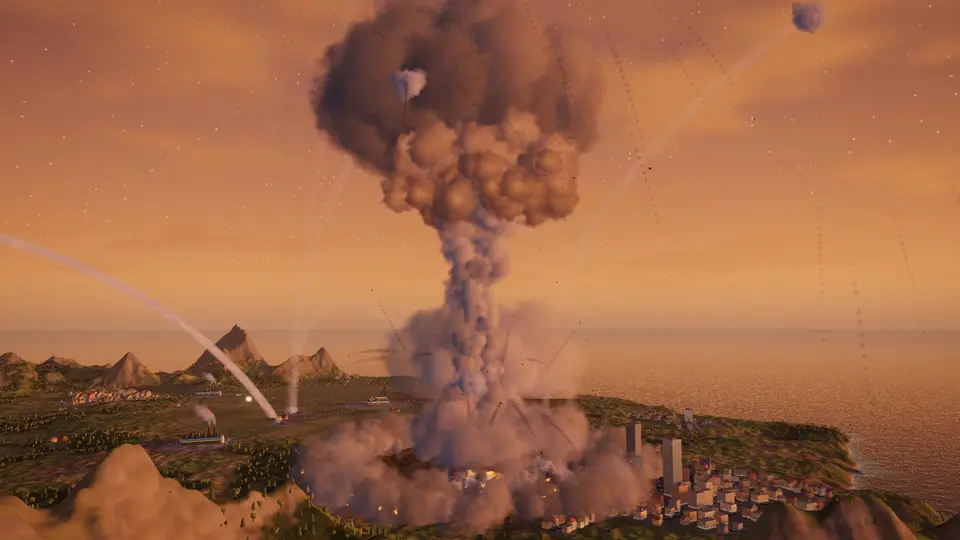 A mushroom cloud rises over a coastal town as interceptor trails streak overhead