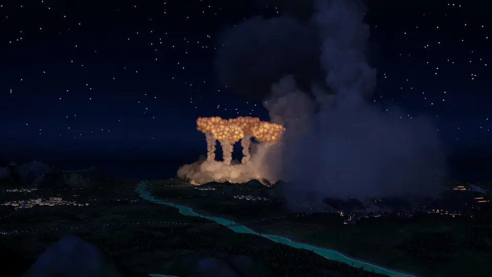 A nuclear strike lights up a river valley at night