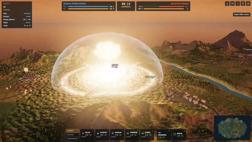 Sandbox mode with unlimited credits: a fireball dome expands over a town