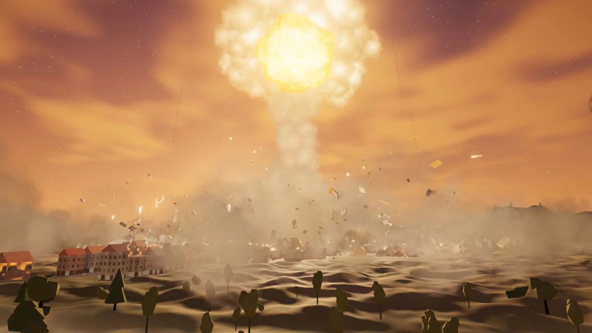 A shock front tears through a town, throwing debris into the air beneath a rising fireball