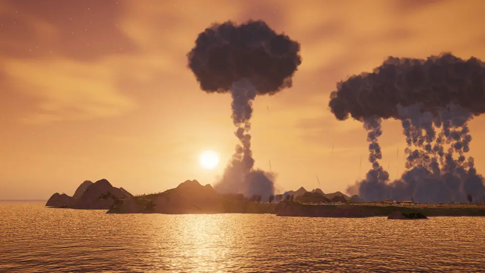 Two mushroom clouds over the sea at sunset