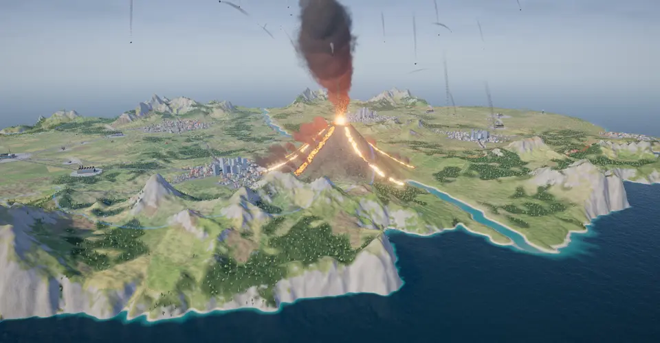 A volcano erupts in the middle of an island dotted with towns