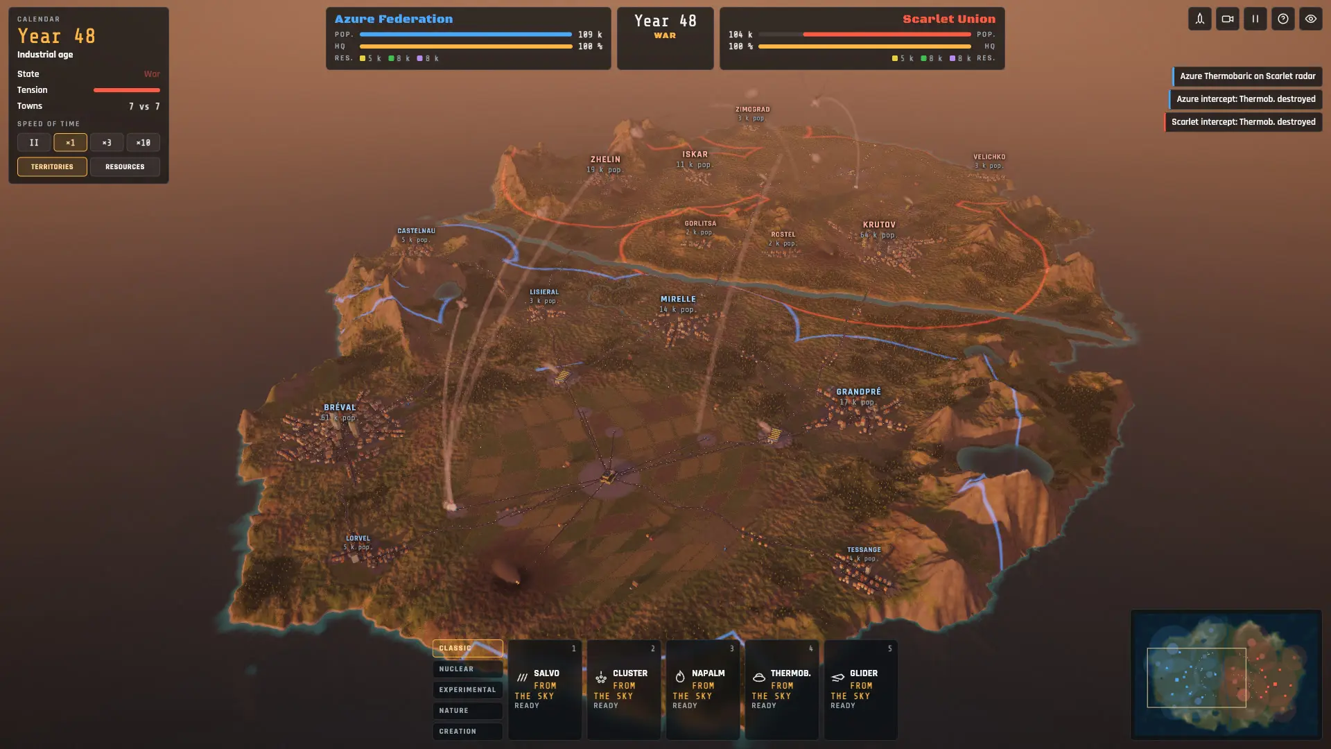 Strategic map of an island split between the Azure Federation and the Scarlet Union, with missile arcs
